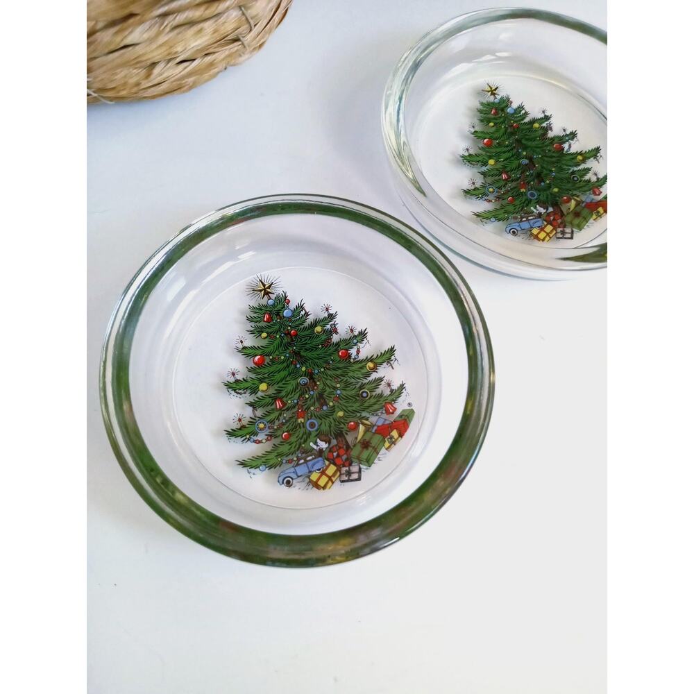 Vintage Cuthbertson Glass Christmas Tree Coasters, Set of 2